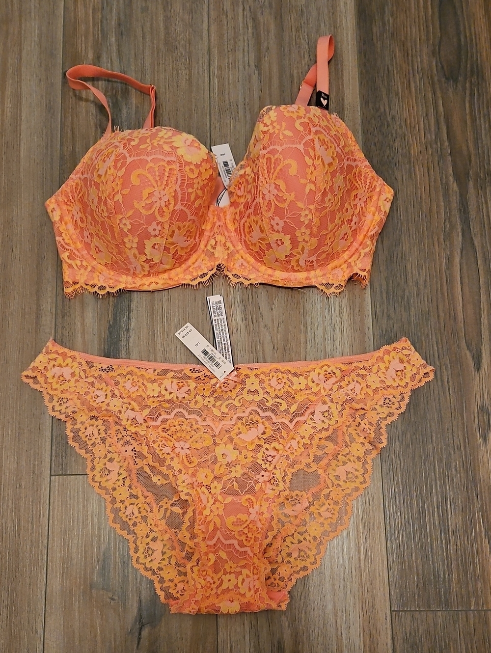 Victoria's Secret Lace Push-Up Bra & Bikini Set in Coral Orange